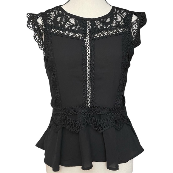Haute Monde Tops - Haute Monde Black Flare Fit Lace‎ Crochet Embroidered Peplum Blouse